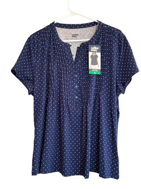 NEW Lands’ End XL Navy Polka Dot Pintuck Blouse Short Sleeve Cotton Modal Top